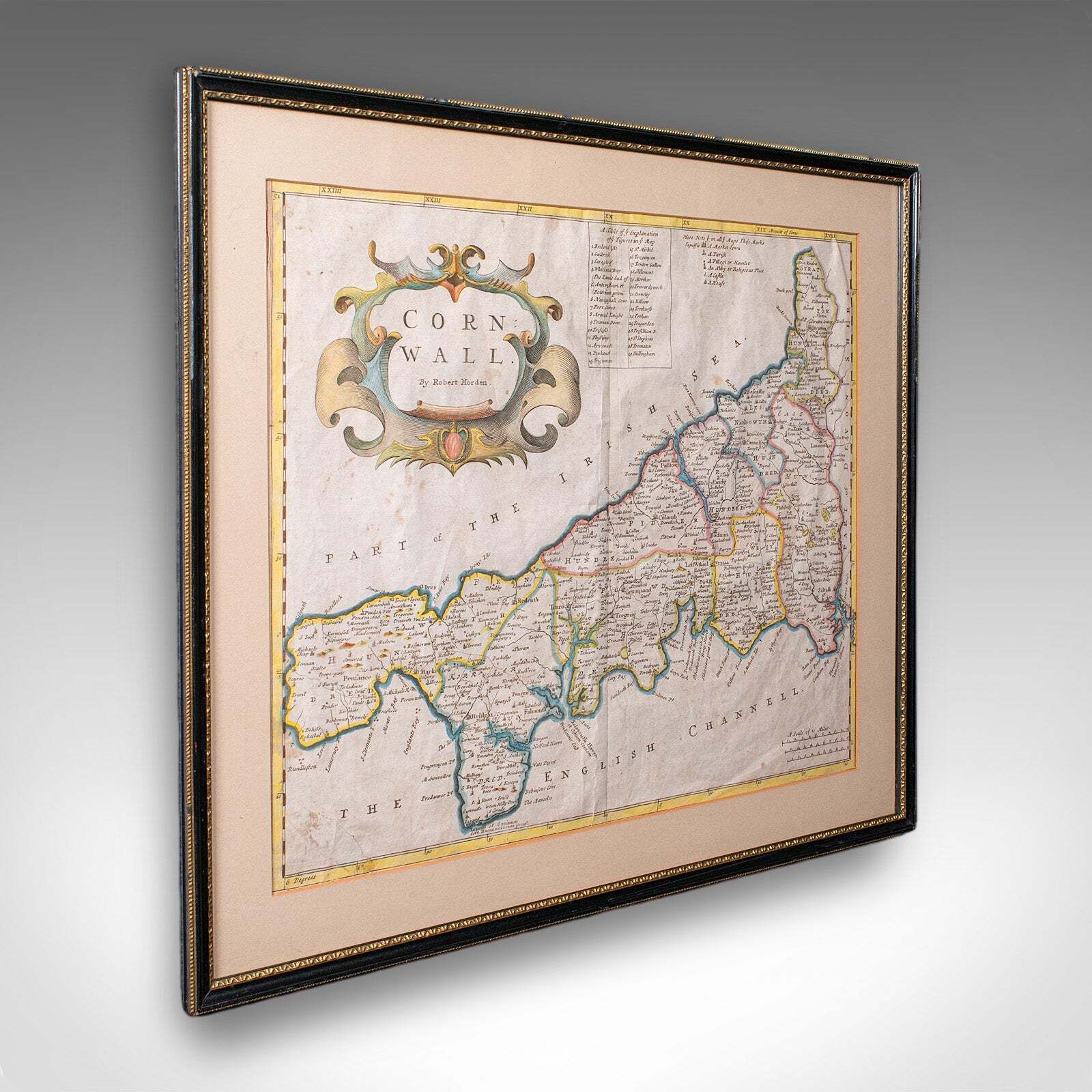 Antique Framed Cornwall Map, English, Atlas Cartography, Robert Morden, C.1700