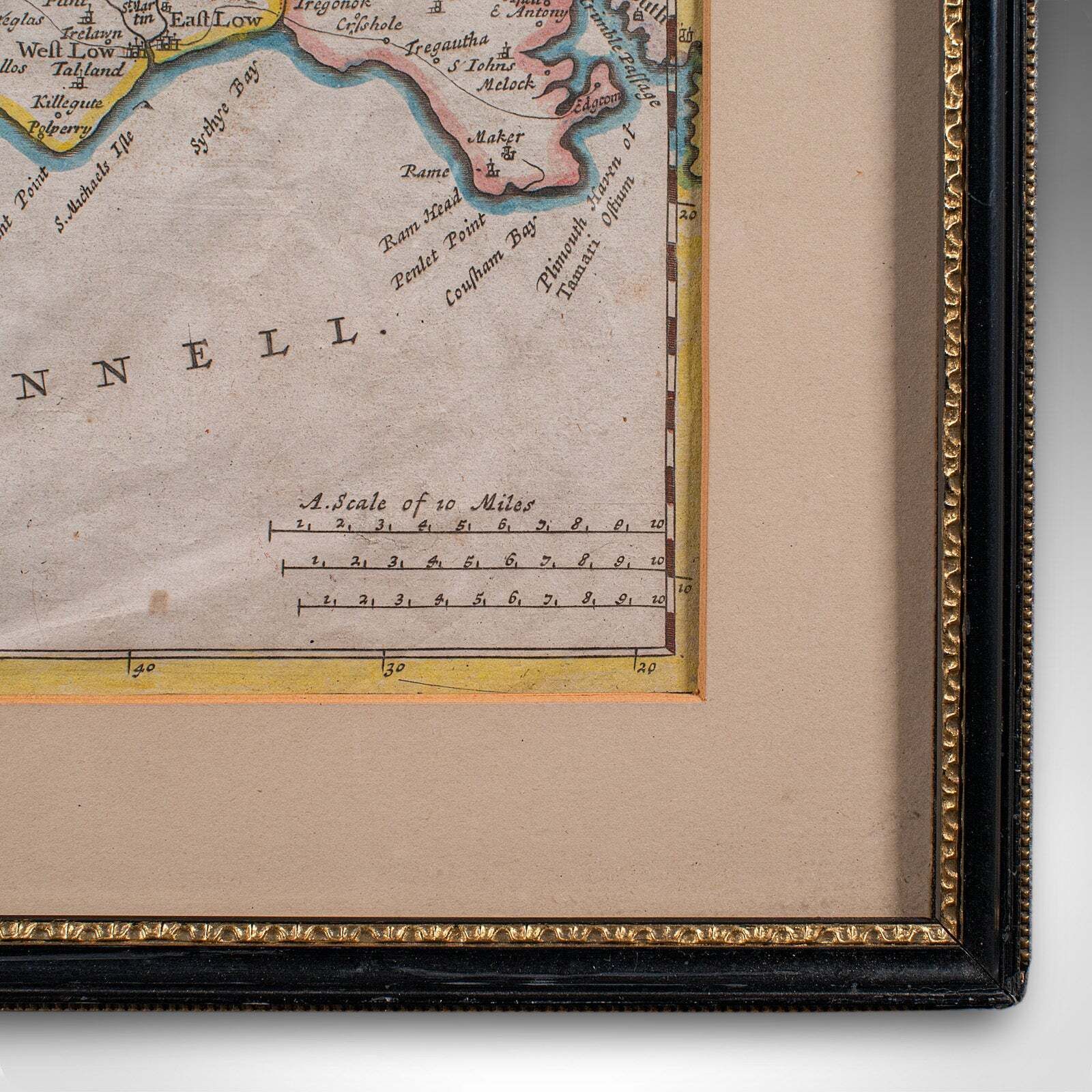 Art Antique Framed Cornwall Map, English, Atlas Cartography, Robert Morden, C.1700 photo
