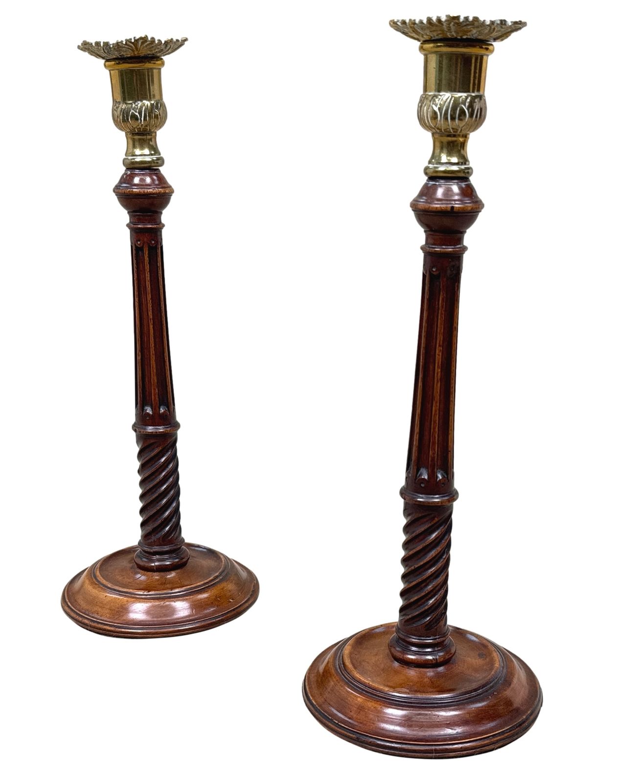 18th Century Mahogany & Brass Candlesticks (England, Circa 1760)