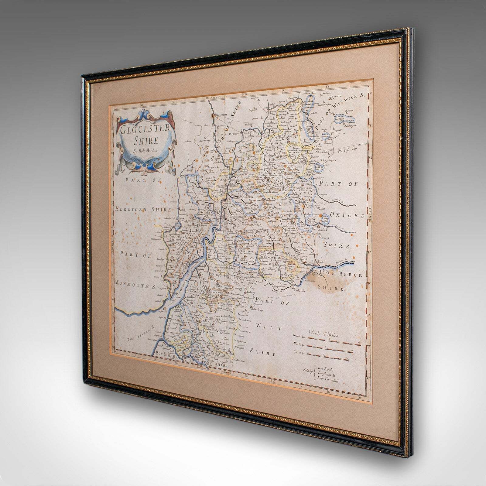 Antique Framed Gloucestershire Map, English Atlas Engraving, Cartography, C.1700 photo for sale