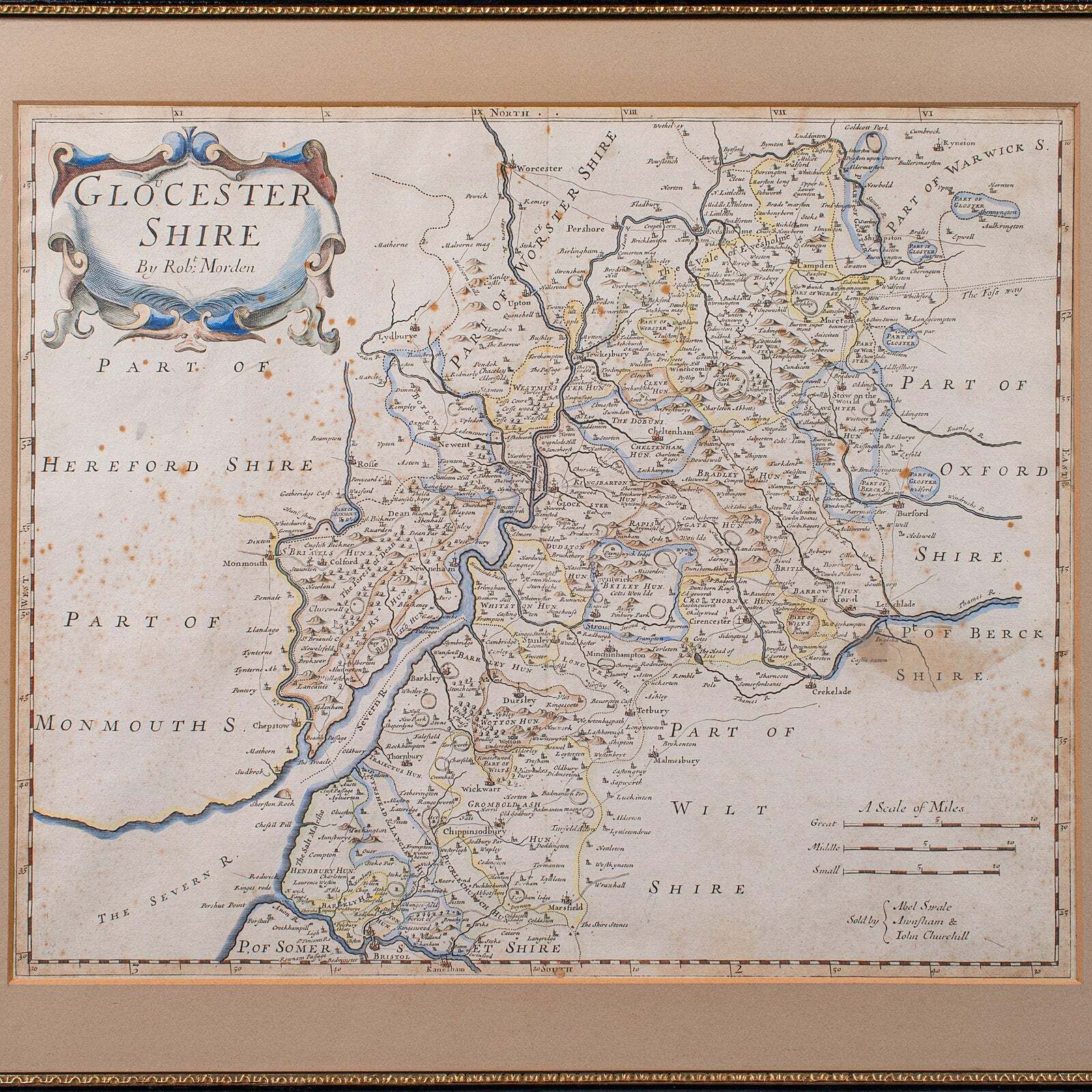 Antique Framed Gloucestershire Map, English Atlas Engraving, Cartography, C.1700 photo Art
