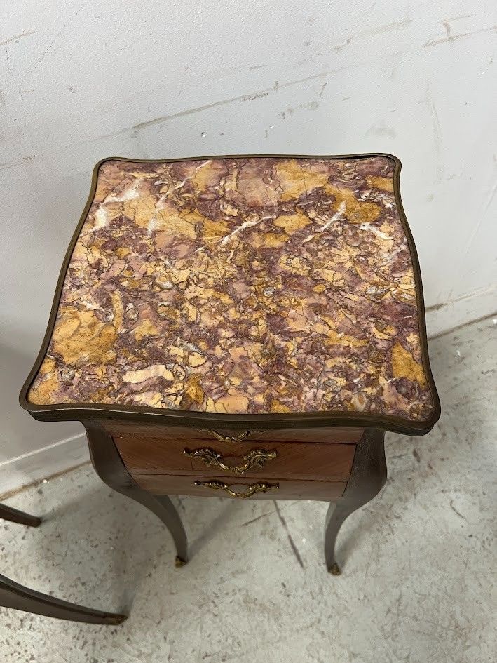 photo for sale Pair Of Louis XV Style Inlaid Small Dressers Marble Top 20th Century