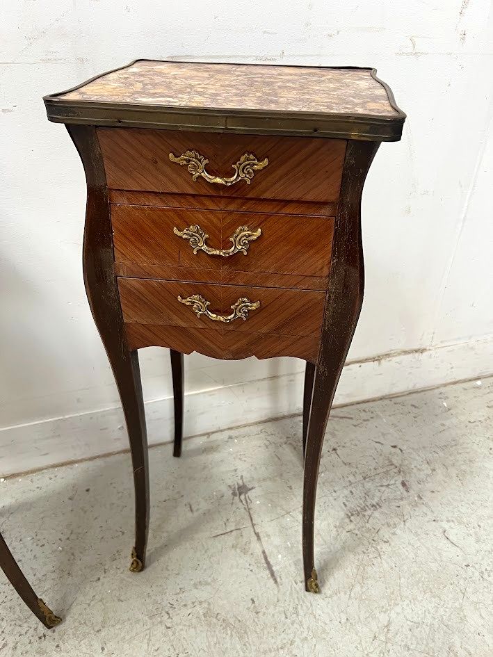 photo buy Pair Of Louis XV Style Inlaid Small Dressers Marble Top 20th Century