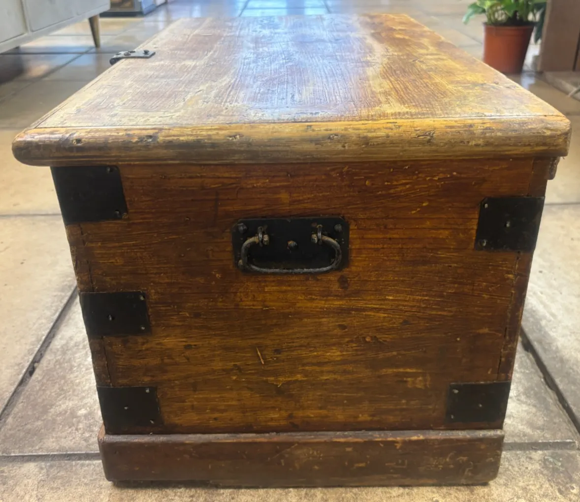 Antique Industrial Metal Bound Wooden Storage Trunk photo 95.0