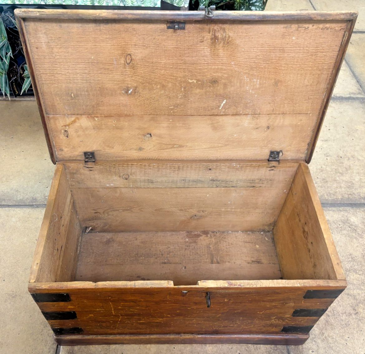 Antique Industrial Metal Bound Wooden Storage Trunk photo vintage