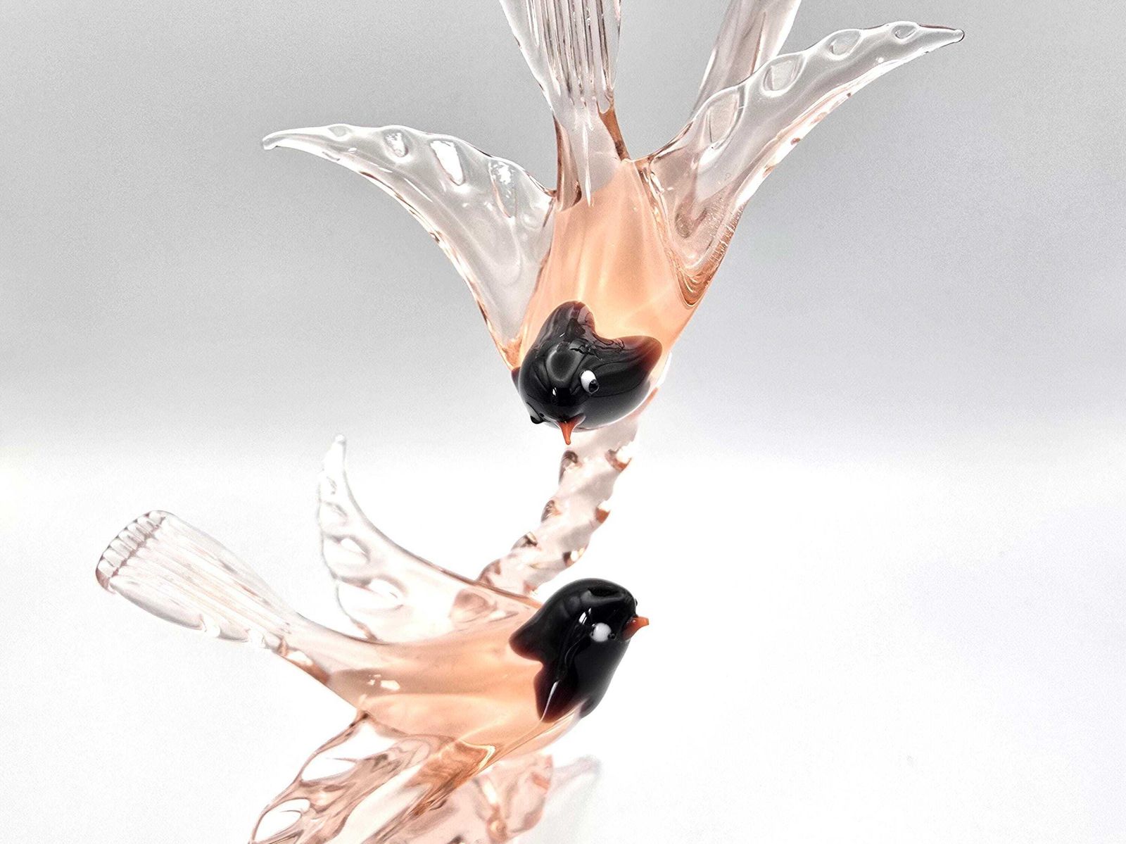 Vintage Murano Style Glass Bird Sculpture, Pink Blossom Tree, Two Birds photo vinterior