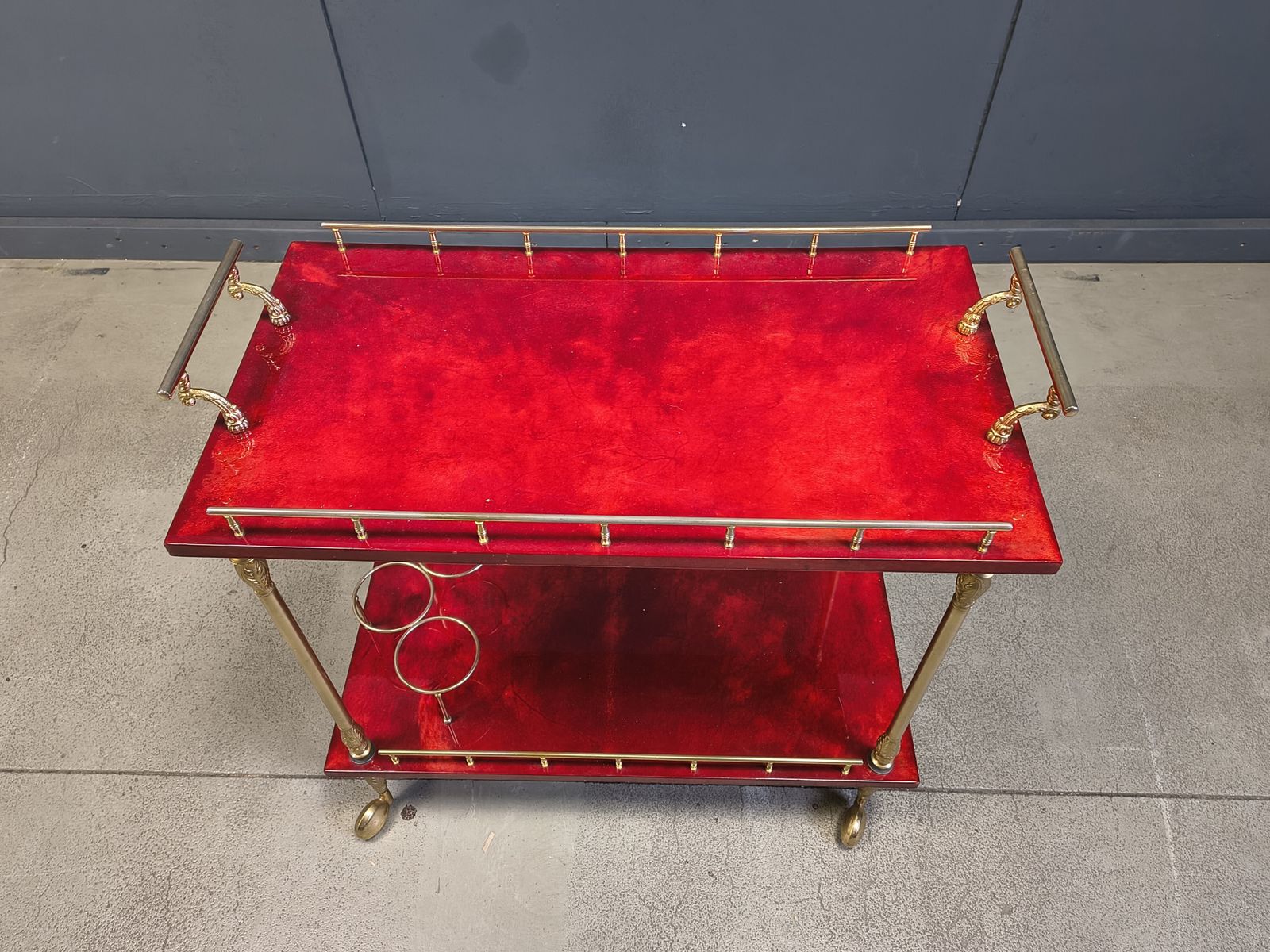 photo furniture Rare Italian Lacquered Goatskin / Parchment Serving Bar Cart By Aldo Tura, 1960s