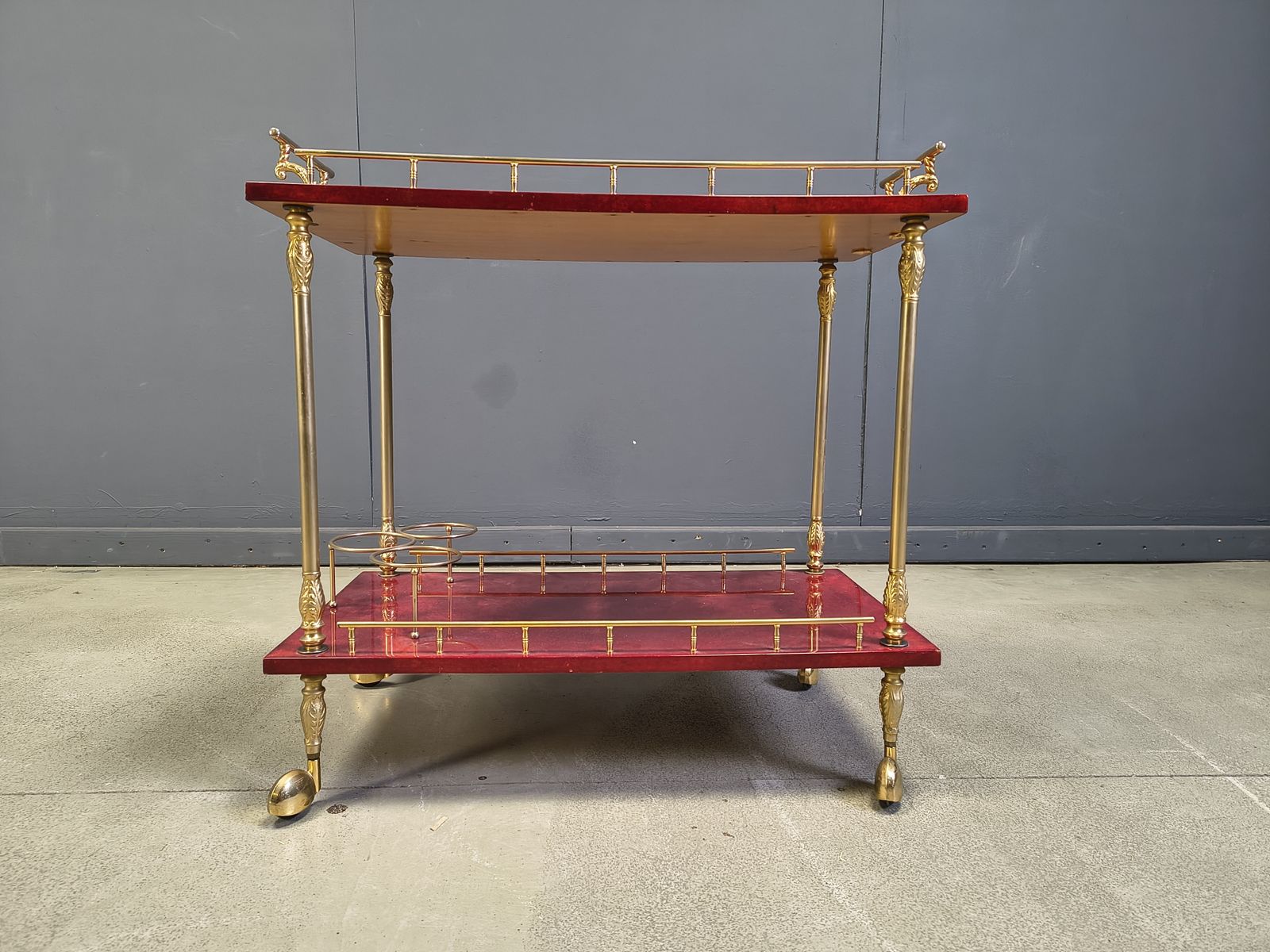 photo buy Rare Italian Lacquered Goatskin / Parchment Serving Bar Cart By Aldo Tura, 1960s