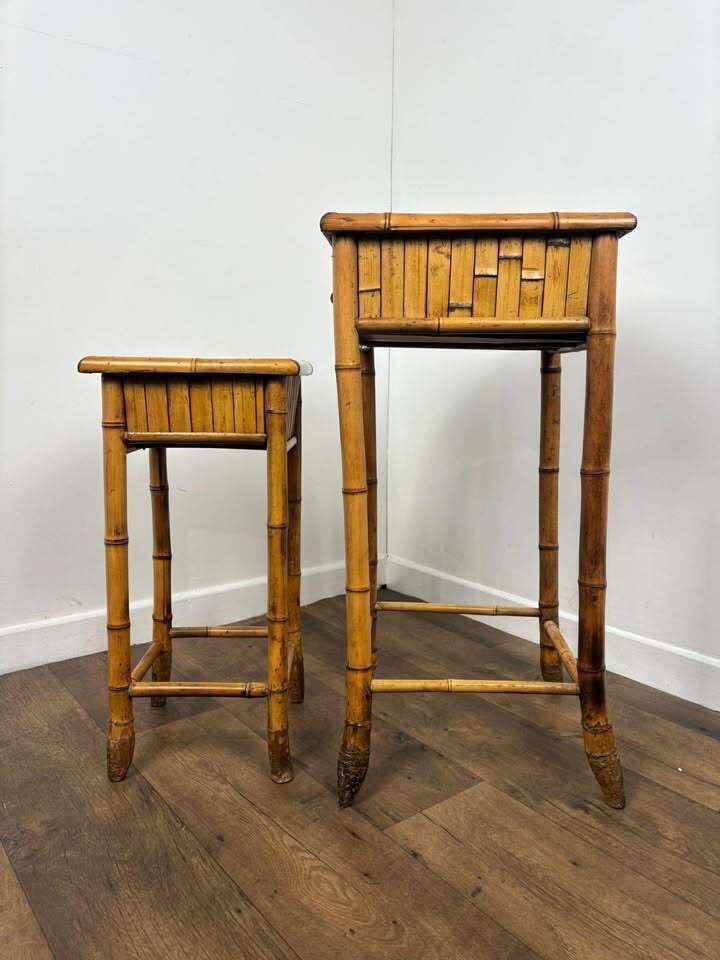 Pair Of Vintage French Bamboo Side Tables With Hand Painted Rose Detail photo vinterior