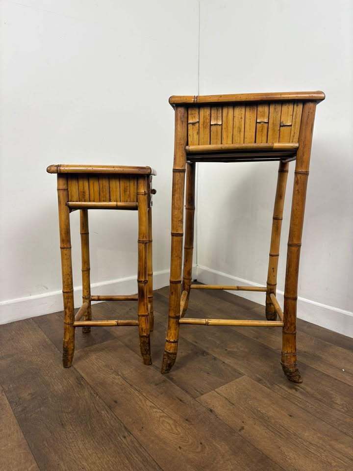 Pair Of Vintage French Bamboo Side Tables With Hand Painted Rose Detail photo vintage