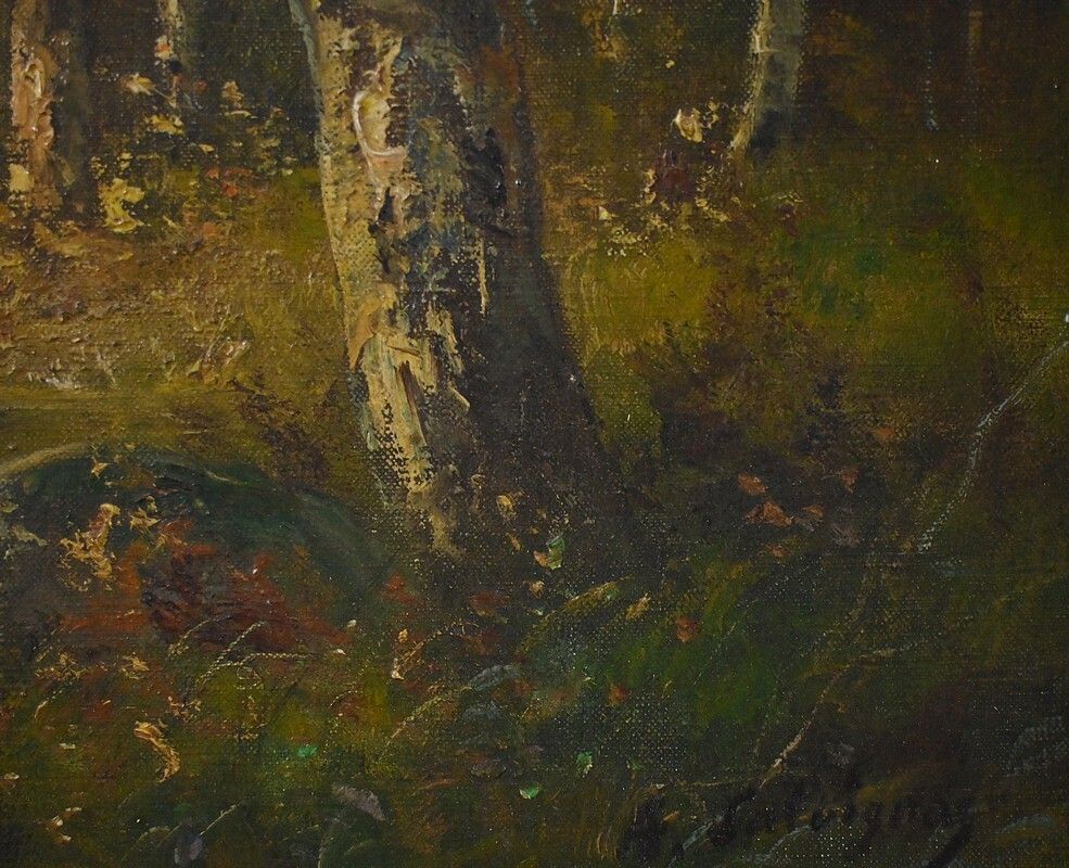 photo furniture Painting "Pond Under The Woods" Signed A. Salvignac – Early 20th Century