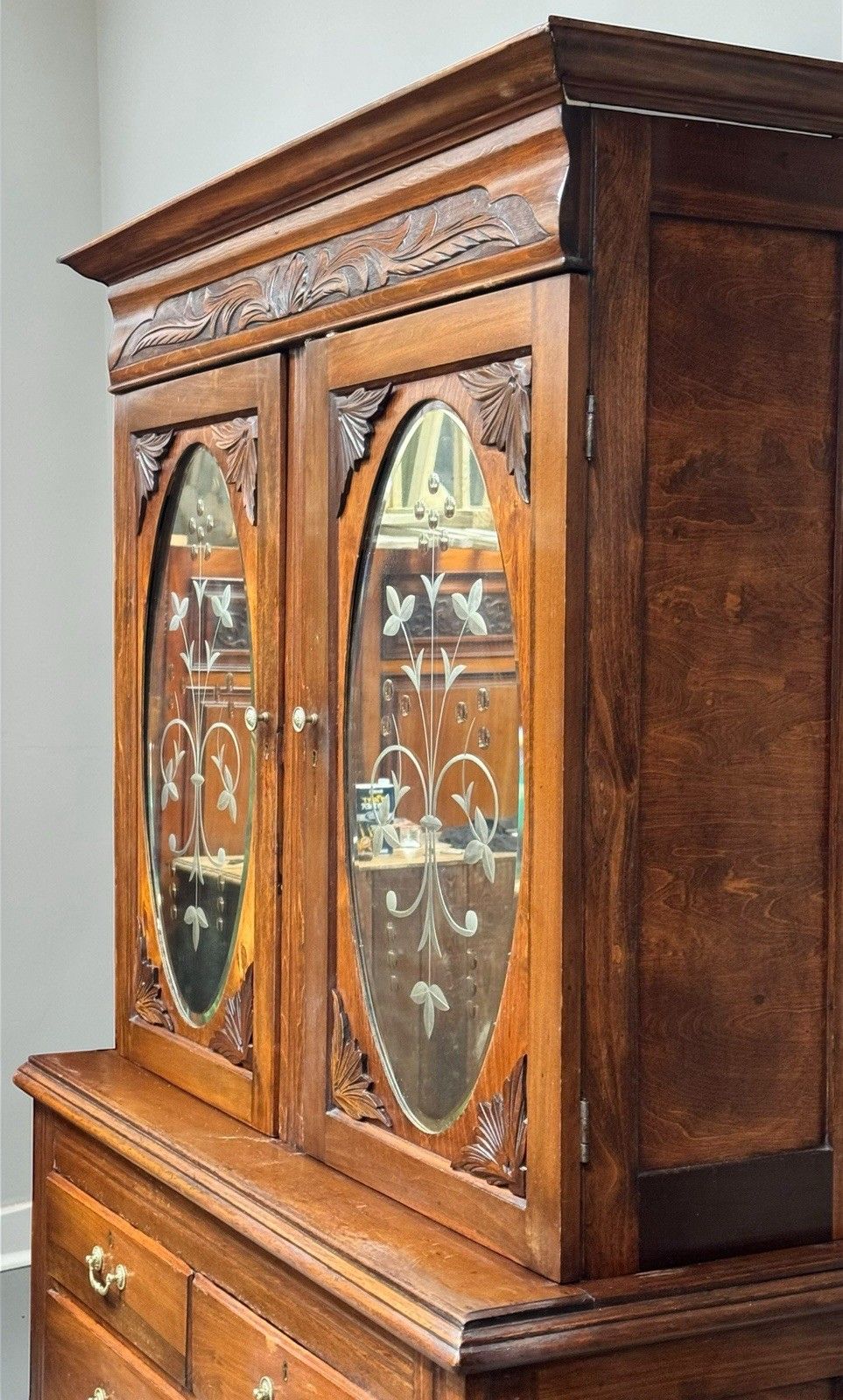 Antique Walnut Carved Bookcase Chest Of Drawers Decorative C1900 Etched Mirrors photo vintage