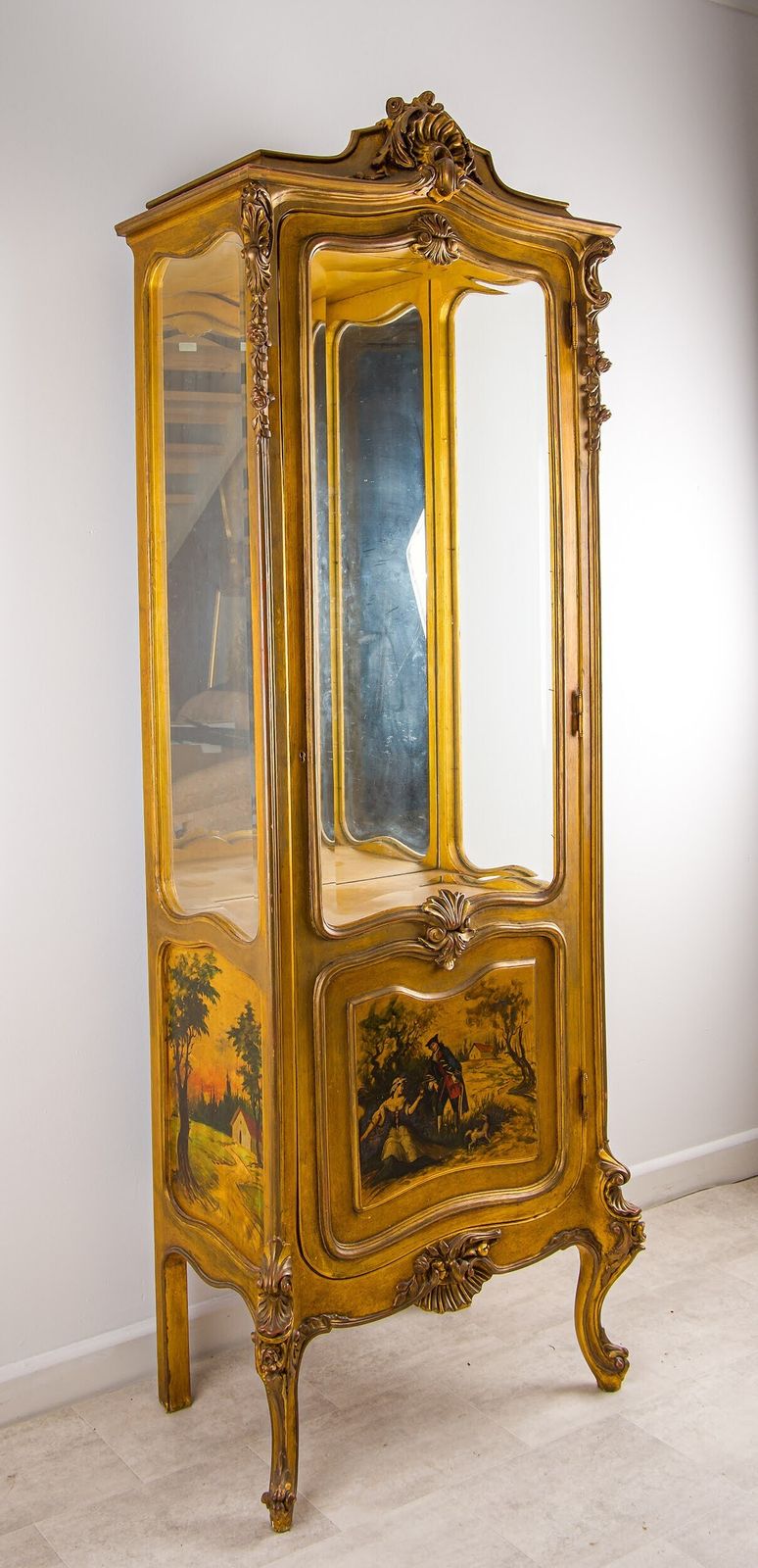 Antique French Rococo Gilt Vitrine Display Cabinet With Hand Painted Panels C1920 photo Furniture