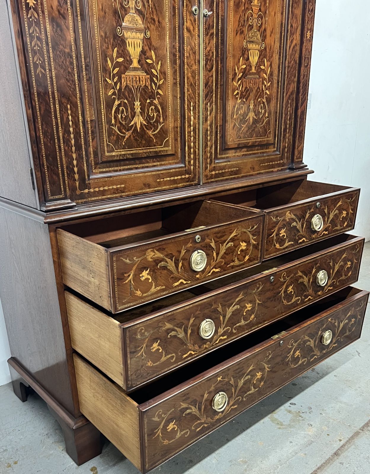 Furniture Stunning Antique Marquetry Inlaid Linen Press photo