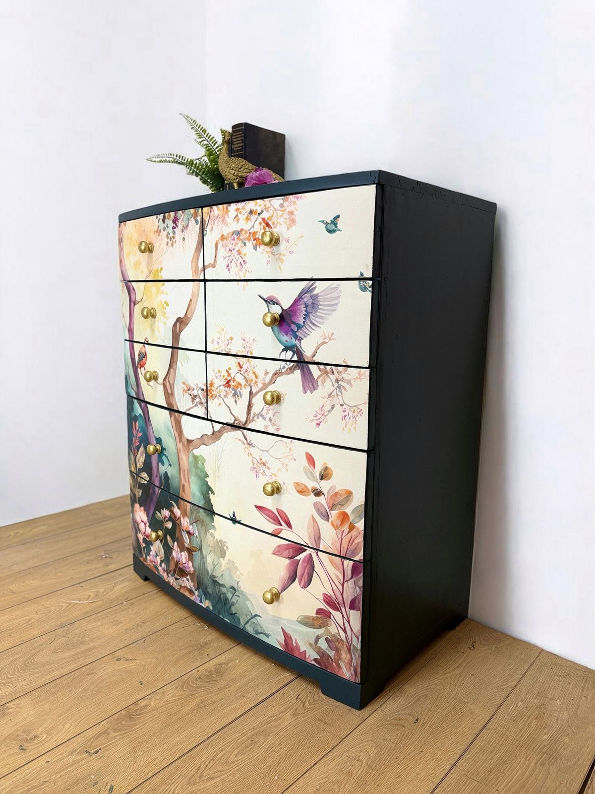 Pretty Floral Extra Large Chest Of Drawers In A Deep Teal Navy Blue photo Furniture