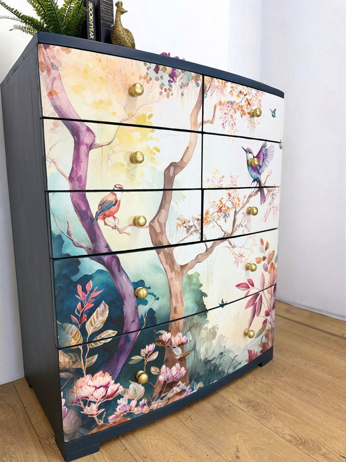 Pretty Floral Extra Large Chest Of Drawers In A Deep Teal Navy Blue photo vinterior