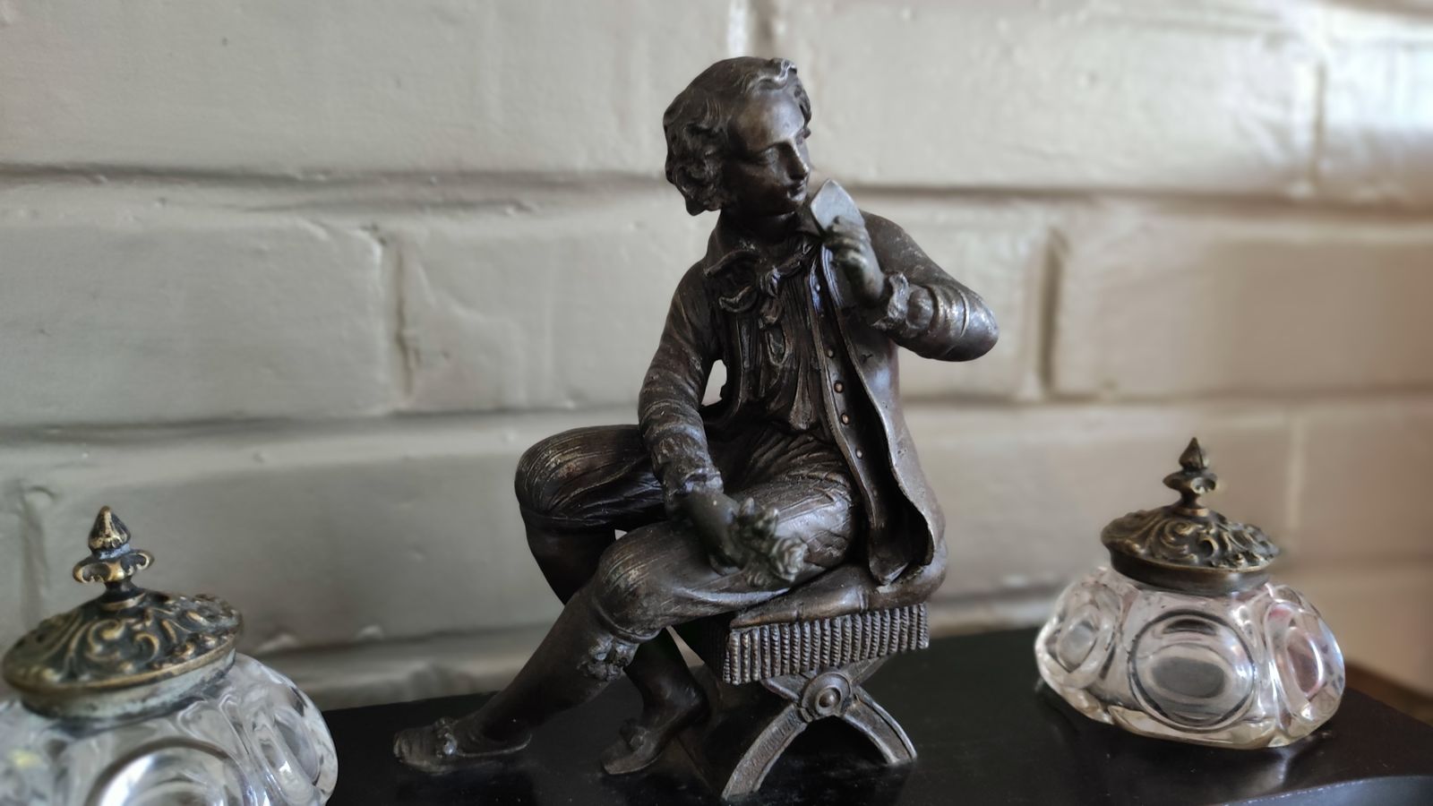 434.0 Antique French Double Figural Inkwell On Wood Base photo