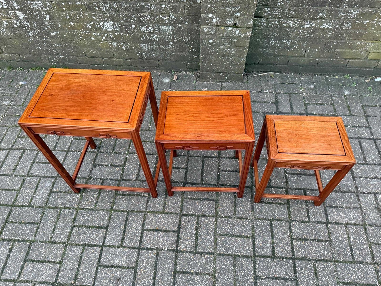 Vintage Chinese Style Nest Of Three Tables Hardwood Oriental Inspired Side Accent Tables photo for sale
