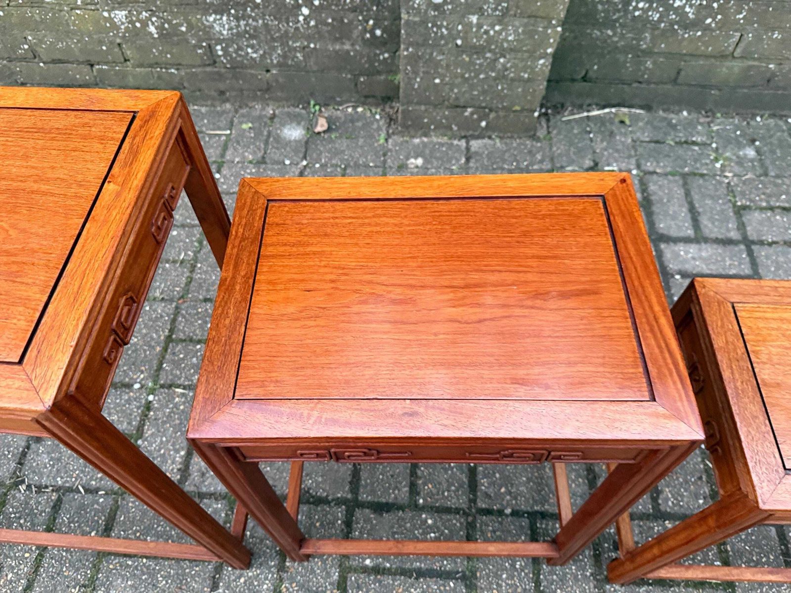 photo vinterior Vintage Chinese Style Nest Of Three Tables Hardwood Oriental Inspired Side Accent Tables