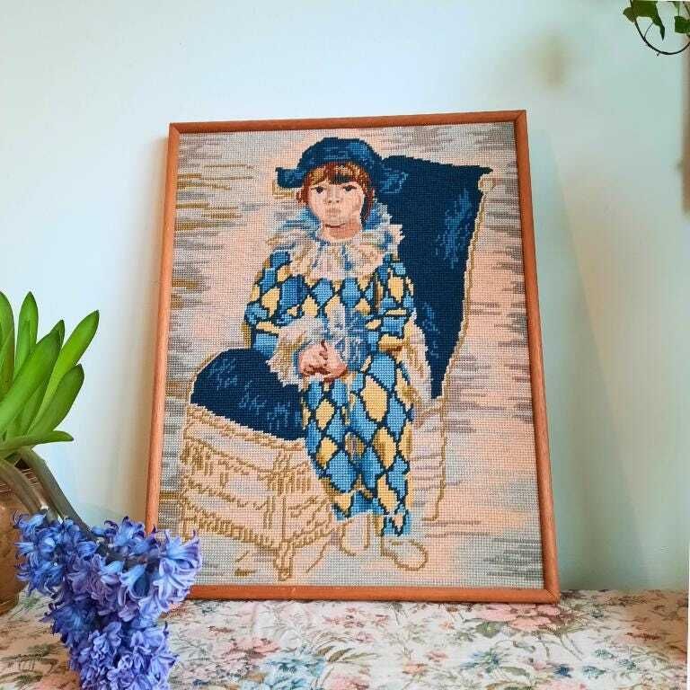Vintage Oak Wooden Framed Needlepoint After Pablo Picasso's Harlequin H 19.5'' Tall photo 90.0