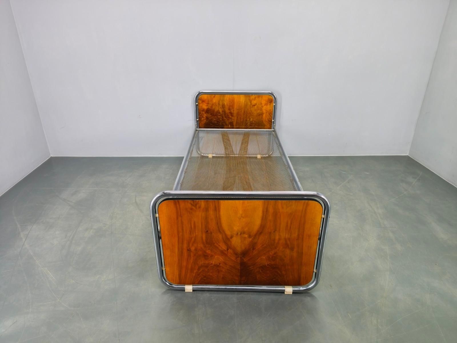 Bauhaus Tubular Steel Bed With Walnut Veneer Panels, 1930s photo furniture