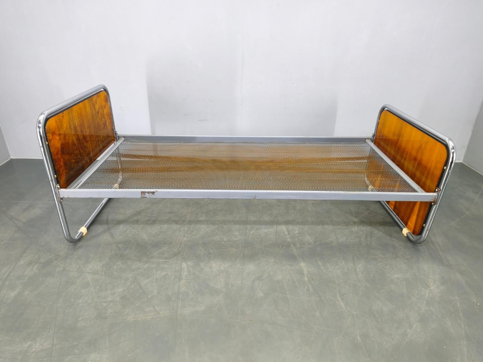Bauhaus Tubular Steel Bed With Walnut Veneer Panels, 1930s photo for sale