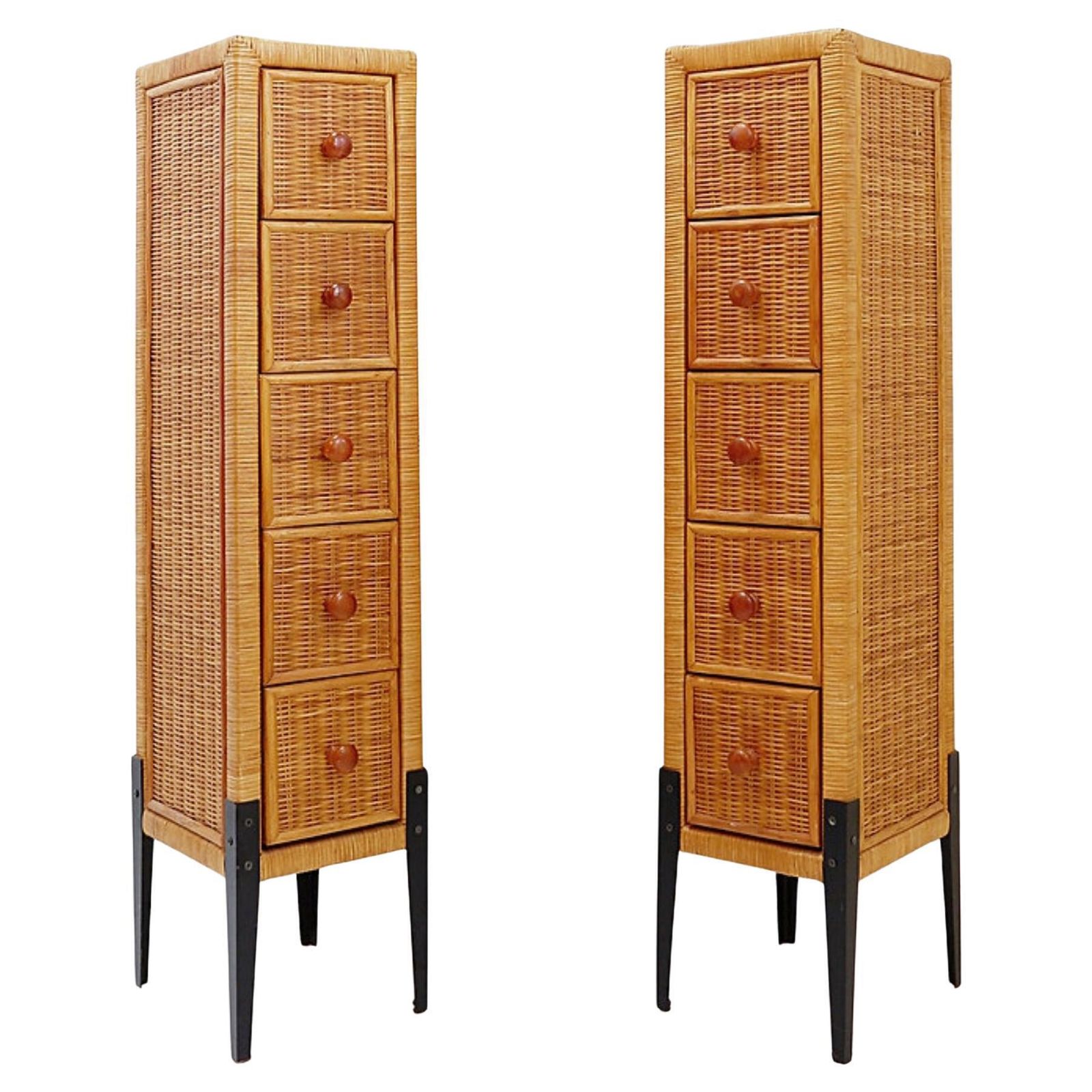 Pair Of Small Vintage Five Drawer Chests Of Drawers