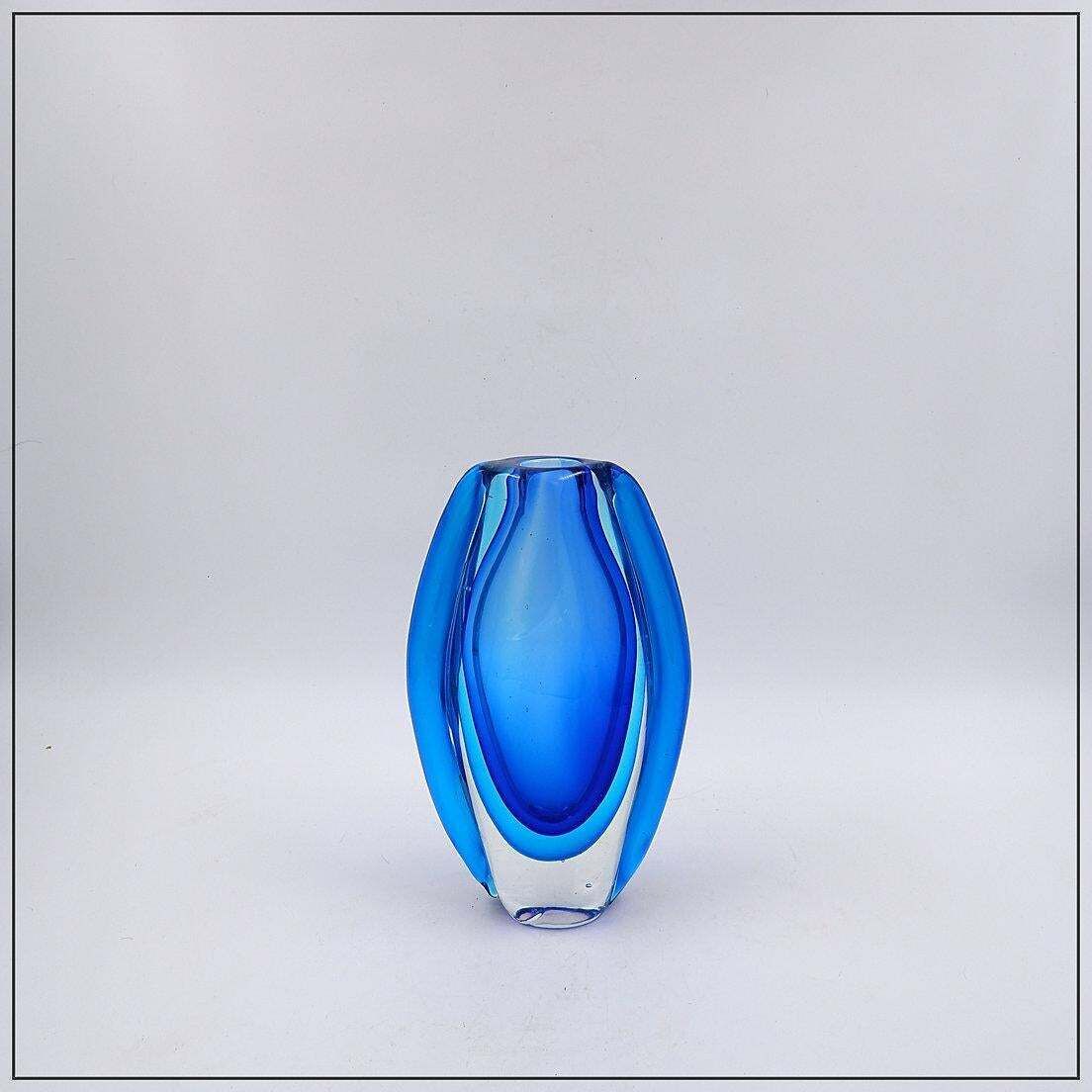 Oval Glass Vase In Shades Of Blue, In The Style Of Sommerso photo for sale