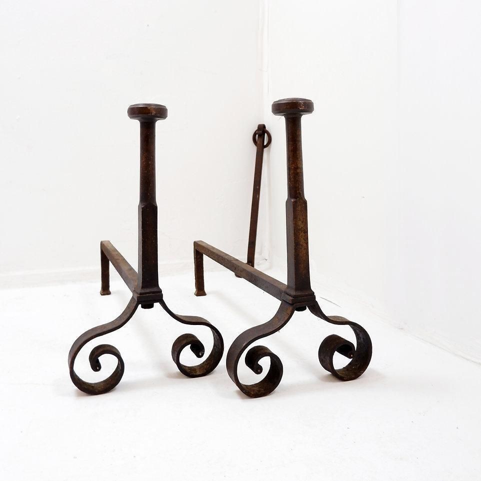 19th Century Antique Wrought Iron Andirons With Curved Legs photo for sale
