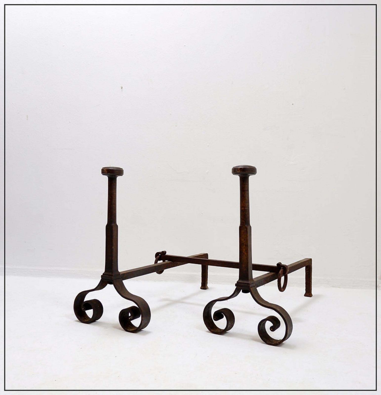 Home Fixtures 19th Century Antique Wrought Iron Andirons With Curved Legs photo
