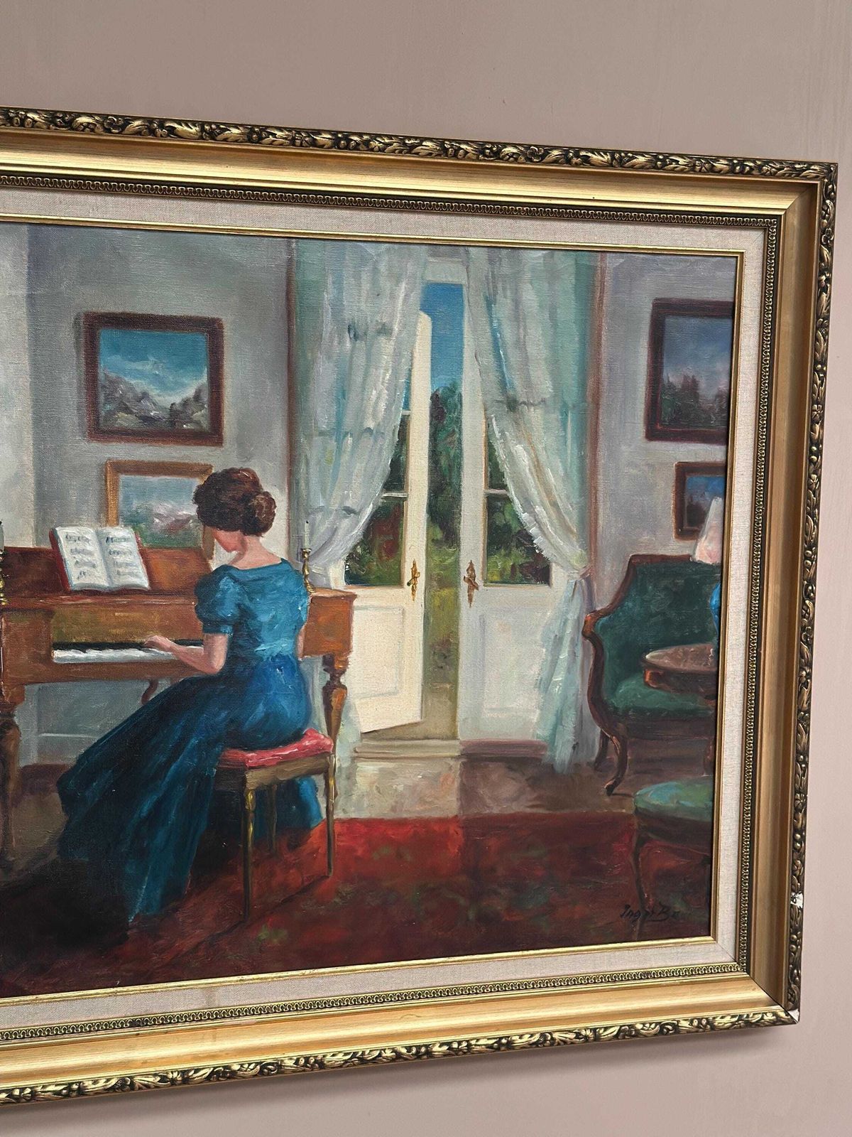 Original Mid‑Century Norwegian Oil On Canvas – “Woman At Piano” By Inger Bo – Vintage  & Framed – 75 × 84 Cm (29.5" × 33.1") photo furniture