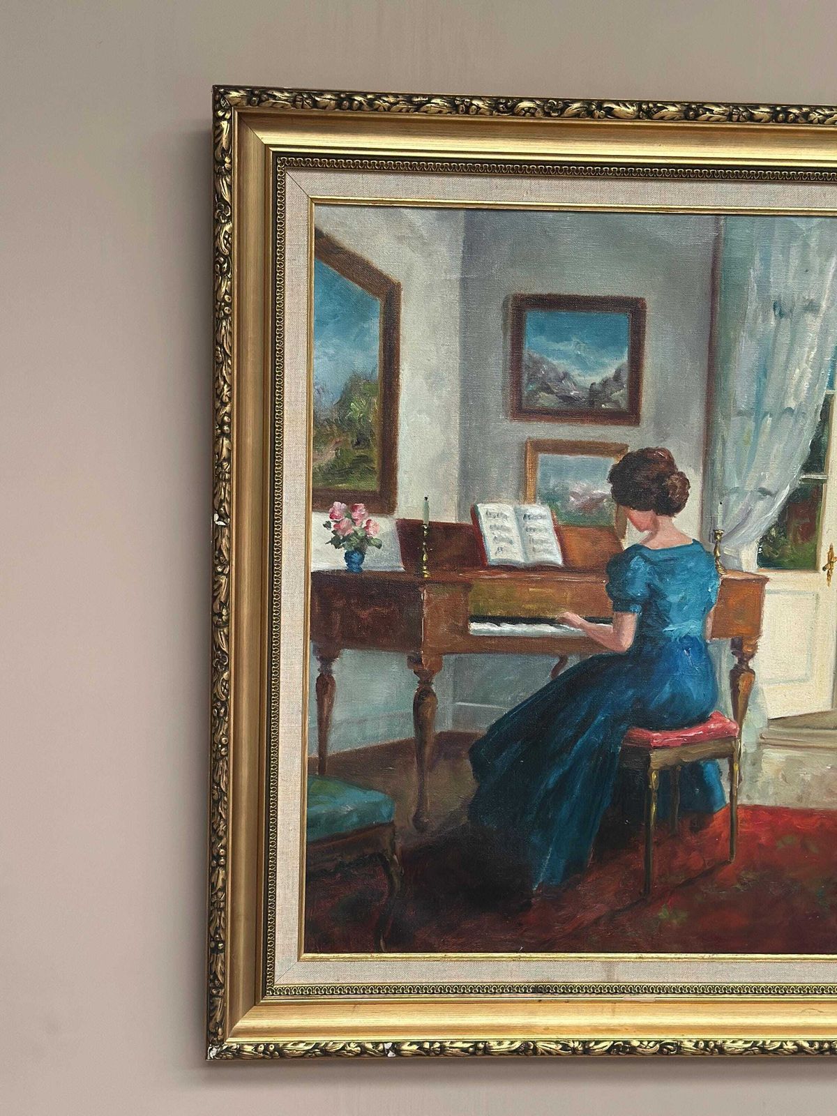 Original Mid‑Century Norwegian Oil On Canvas – “Woman At Piano” By Inger Bo – Vintage  & Framed – 75 × 84 Cm (29.5" × 33.1") photo 545.0