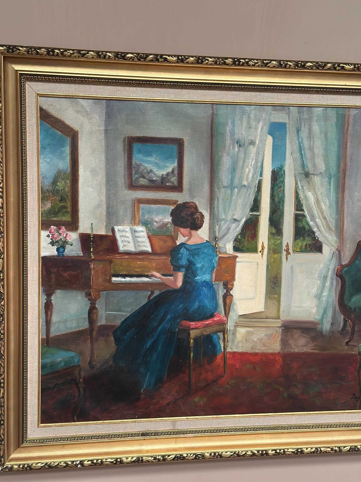 Original Mid‑Century Norwegian Oil On Canvas – “Woman At Piano” By Inger Bo – Vintage  & Framed – 75 × 84 Cm (29.5" × 33.1") photo vinterior