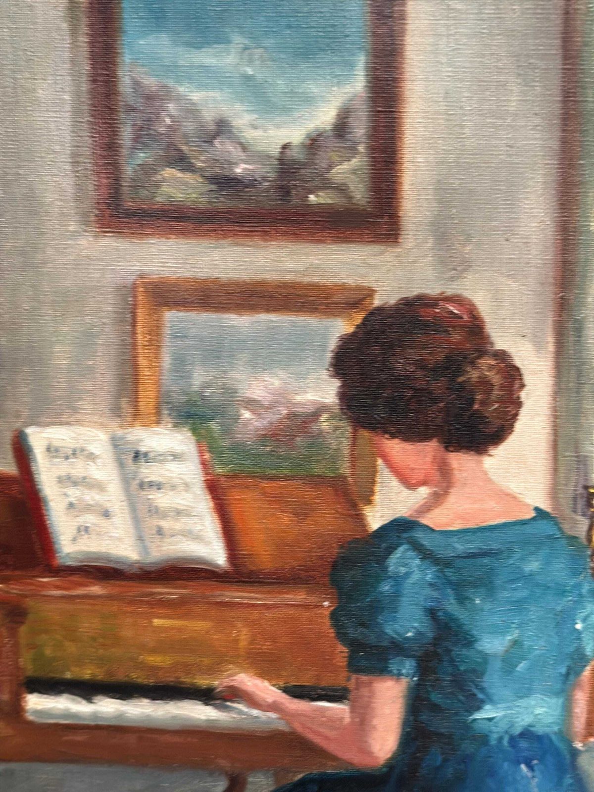545.0 Original Mid‑Century Norwegian Oil On Canvas – “Woman At Piano” By Inger Bo – Vintage  & Framed – 75 × 84 Cm (29.5" × 33.1") photo