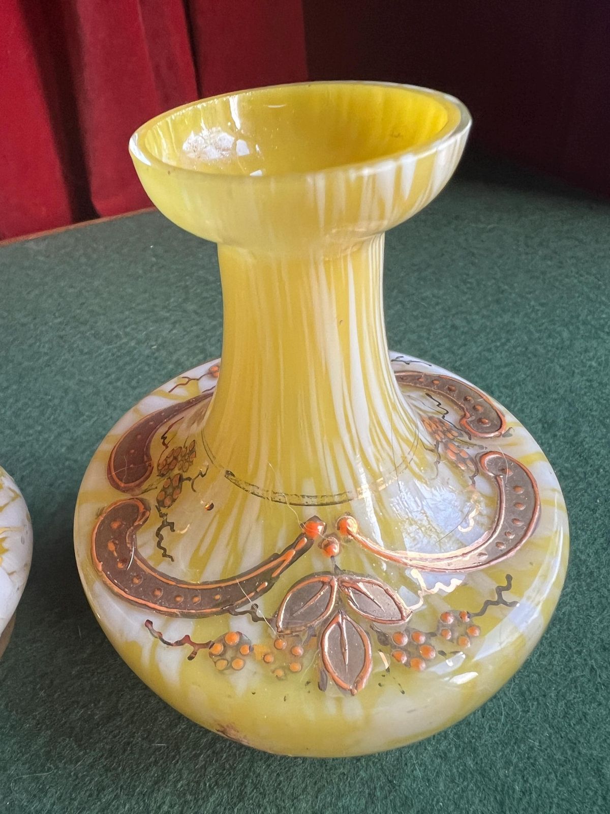 Pair Of Welz Bohemian Lemon Yellow & White Spatter Glass Vases. Hand Painted Gold Enamel Details. Antique Glass Collector Gift. photo Home Decor