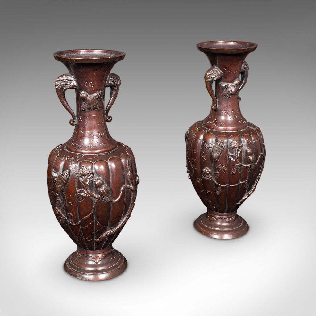Pair Of Antique Stem Vases, Japanese, Bronze, Meiji Era, Baluster Urn, Victorian
