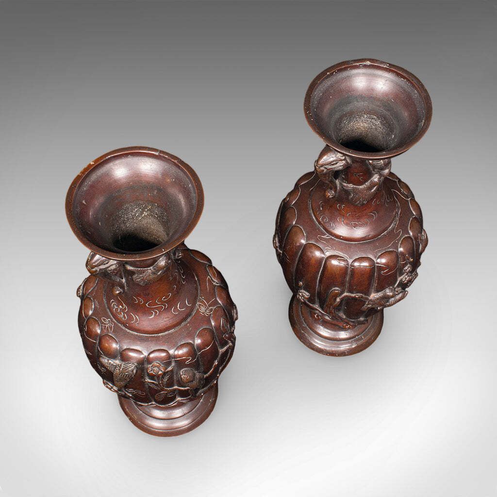Pair Of Antique Stem Vases, Japanese, Bronze, Meiji Era, Baluster Urn, Victorian photo buy