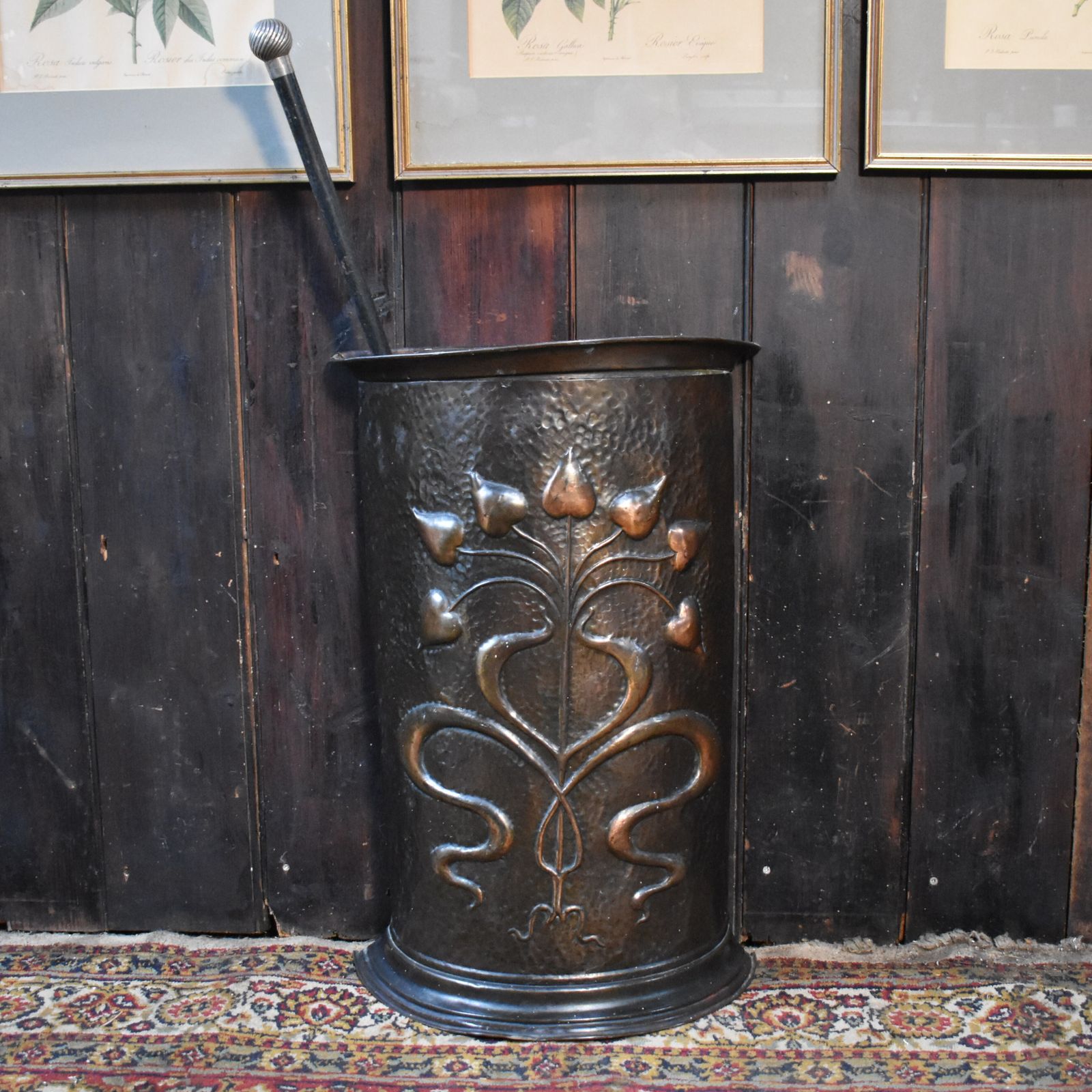 Antique Art Noueau Handmade Repousse Copper Demi Lune Umbrella Stick Stand photo buy