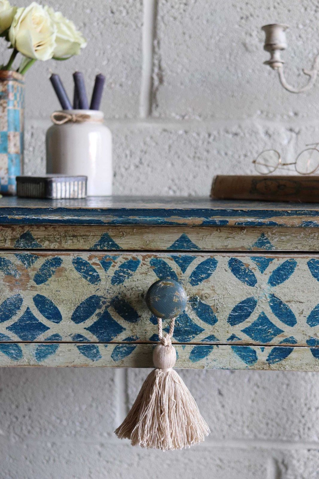 Blue And White Harlequin Painted Barleytwist Bedside Or Occasional Table With Drawer photo for sale