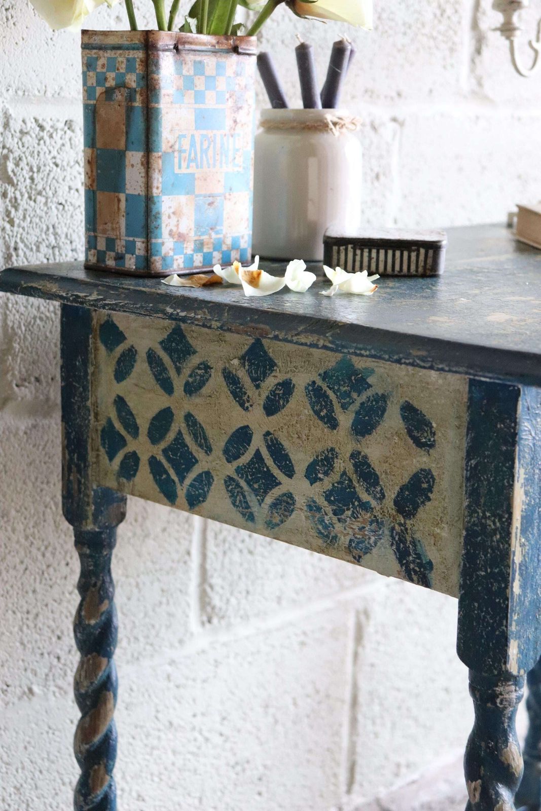 Blue And White Harlequin Painted Barleytwist Bedside Or Occasional Table With Drawer photo vintage