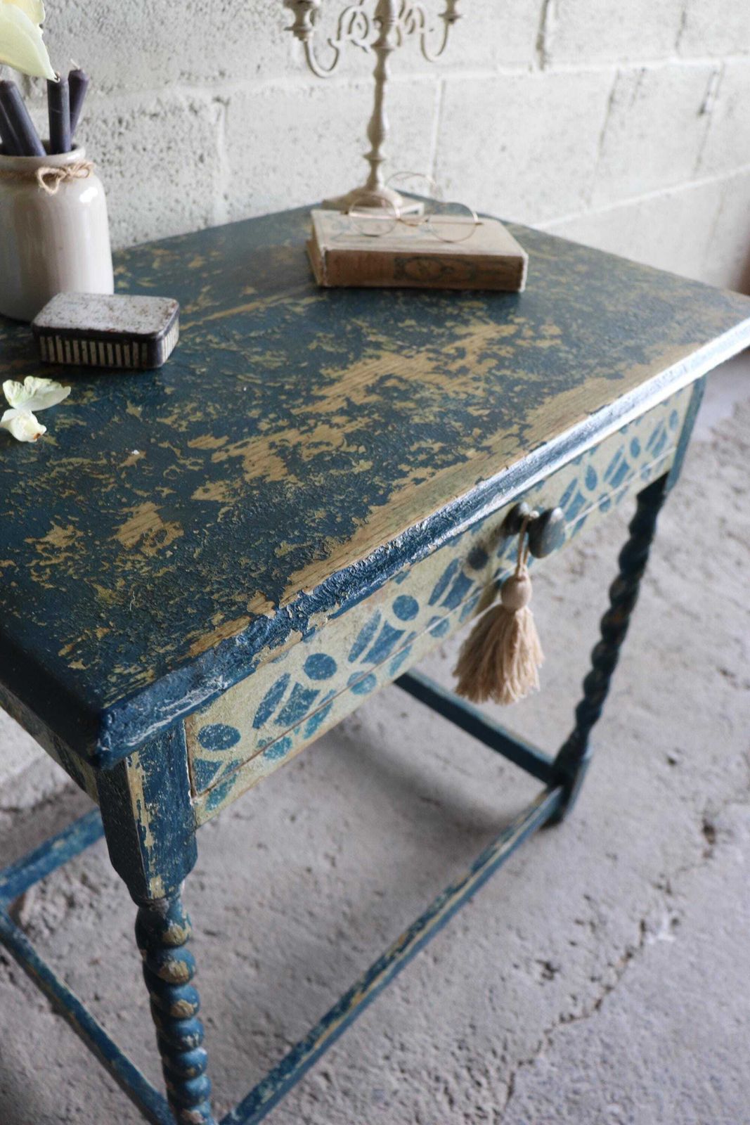 photo for sale Blue And White Harlequin Painted Barleytwist Bedside Or Occasional Table With Drawer