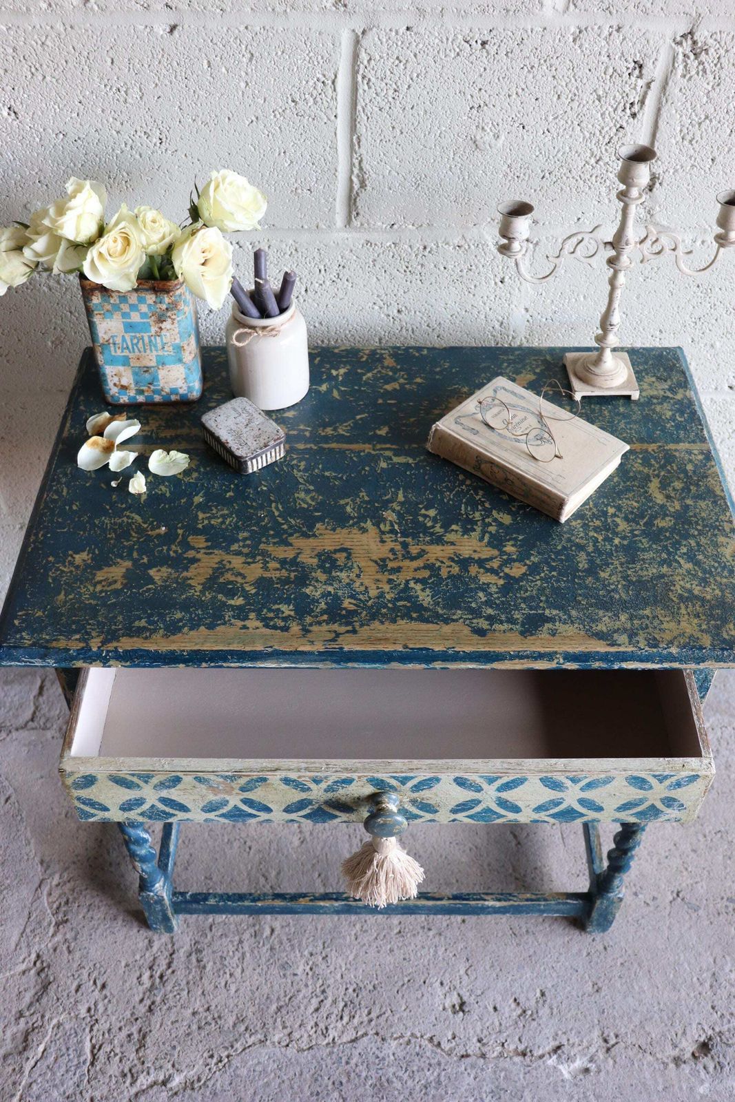 Furniture Blue And White Harlequin Painted Barleytwist Bedside Or Occasional Table With Drawer photo