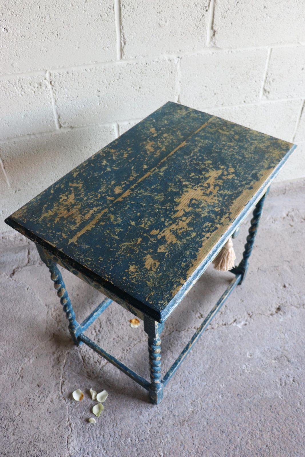 photo buy Blue And White Harlequin Painted Barleytwist Bedside Or Occasional Table With Drawer