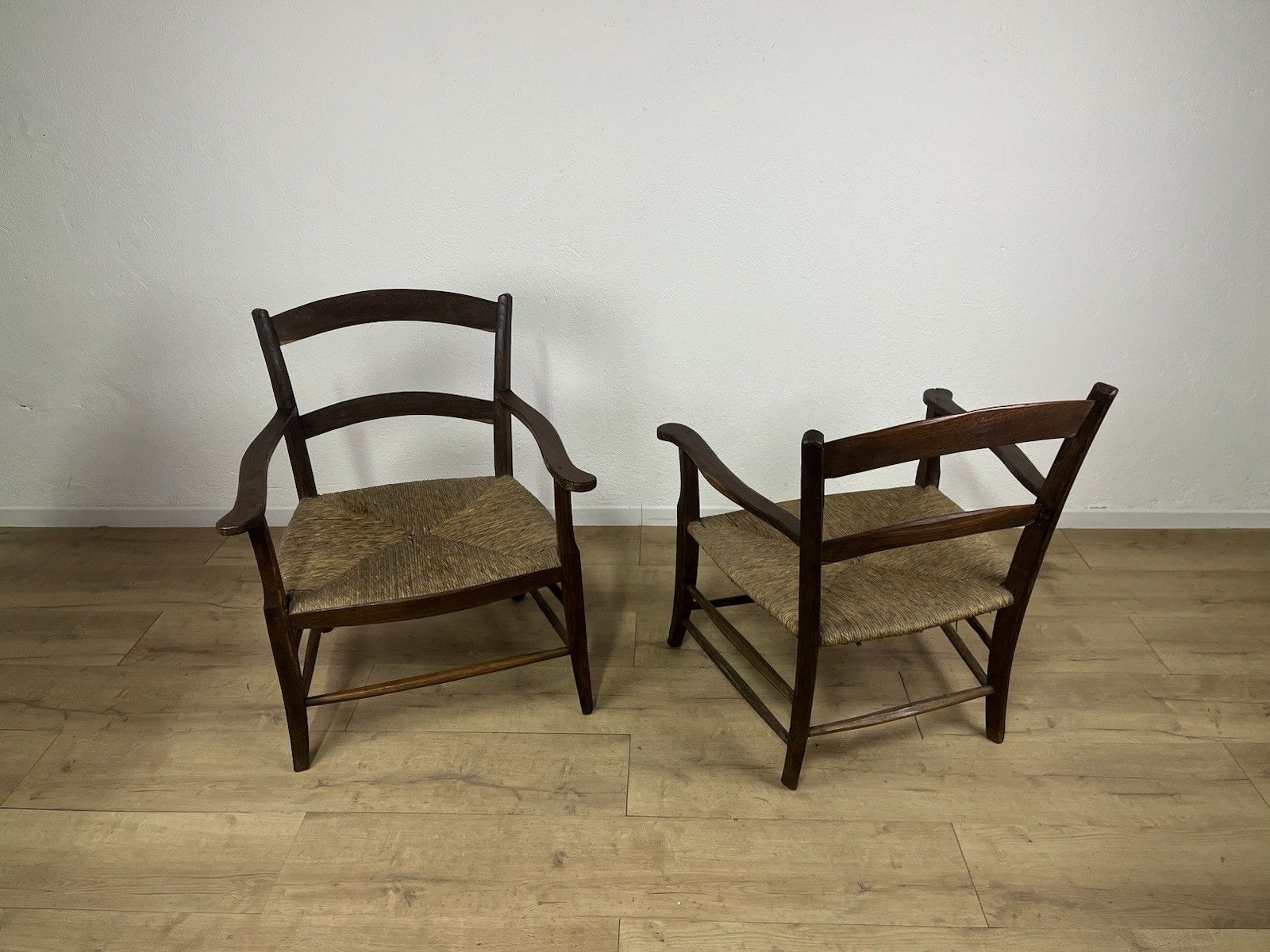 photo for sale Pair Of 40’s Straw Wood Fireplace Armchairs Vintage Design