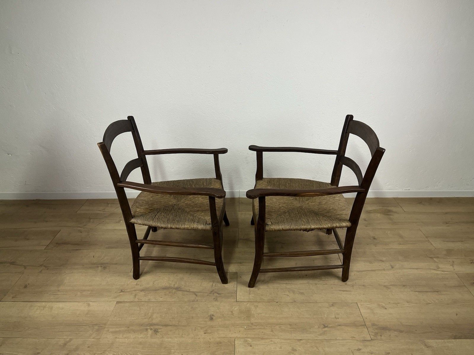Furniture Pair Of 40’s Straw Wood Fireplace Armchairs Vintage Design photo