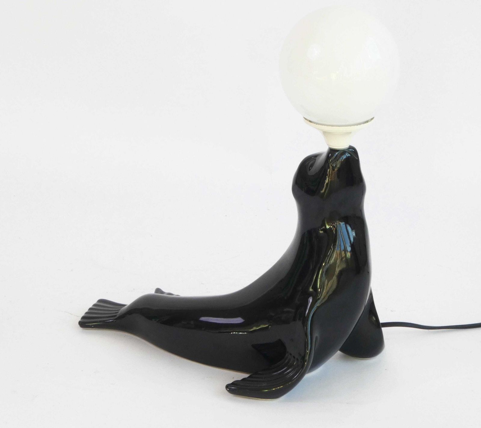 Stunning Original Mid Century Seal Table Lamp, Black Ceramic Glazed Lamp With White Globe, Designers Desk Light