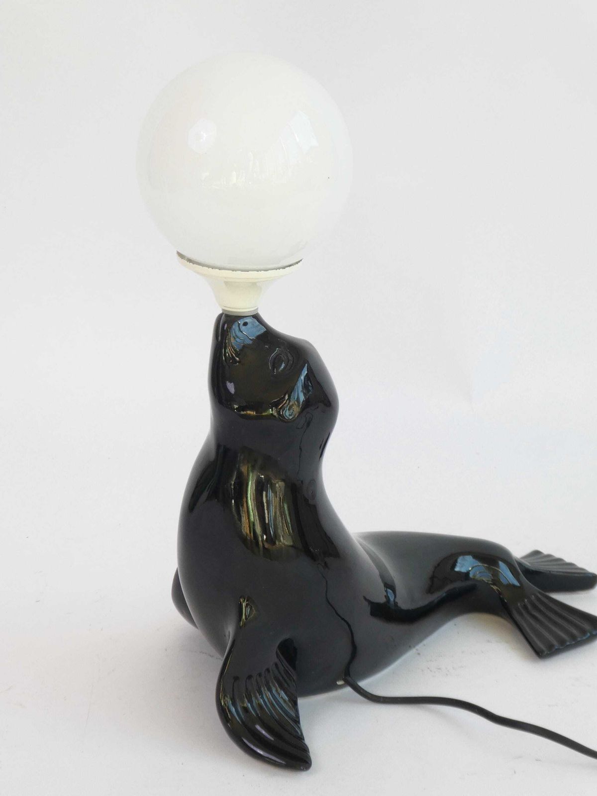 Stunning Original Mid Century Seal Table Lamp, Black Ceramic Glazed Lamp With White Globe, Designers Desk Light photo furniture