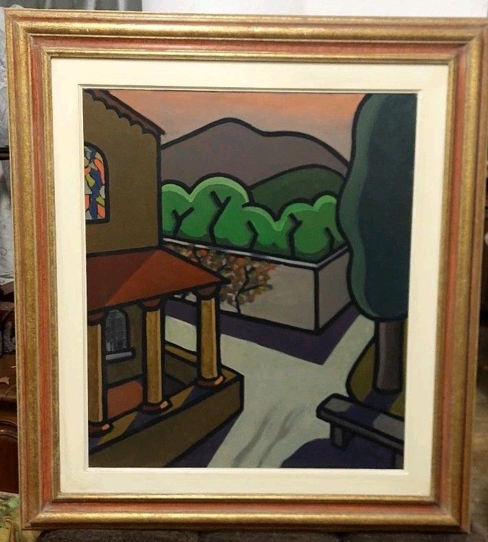 Oil Painting On Canvas The Corner Of The Parish Church Franco Prayer (1924) 70 X 50 Cm