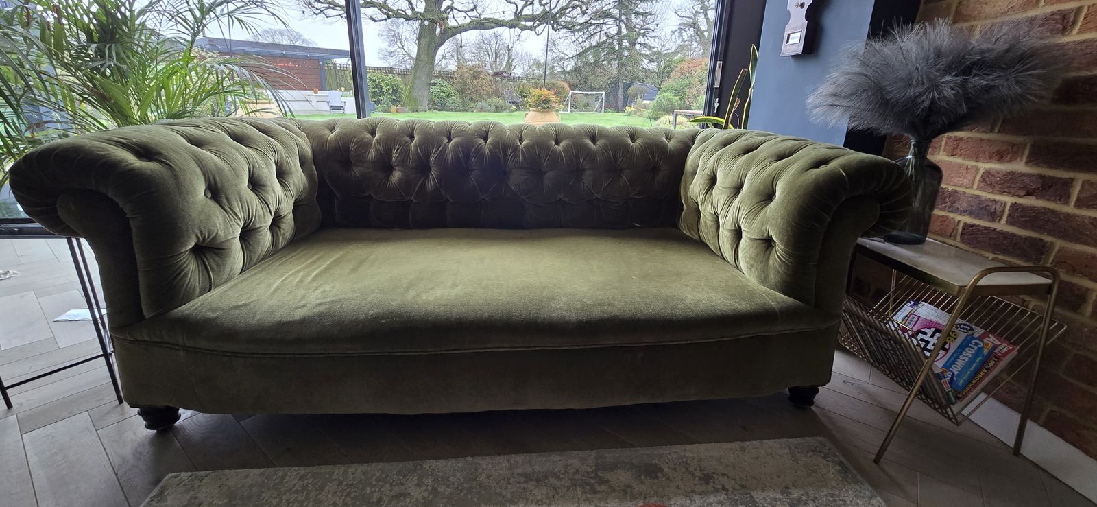 Victorian Green Velvet Horsehair 3 Seater Chesterfield Sofa