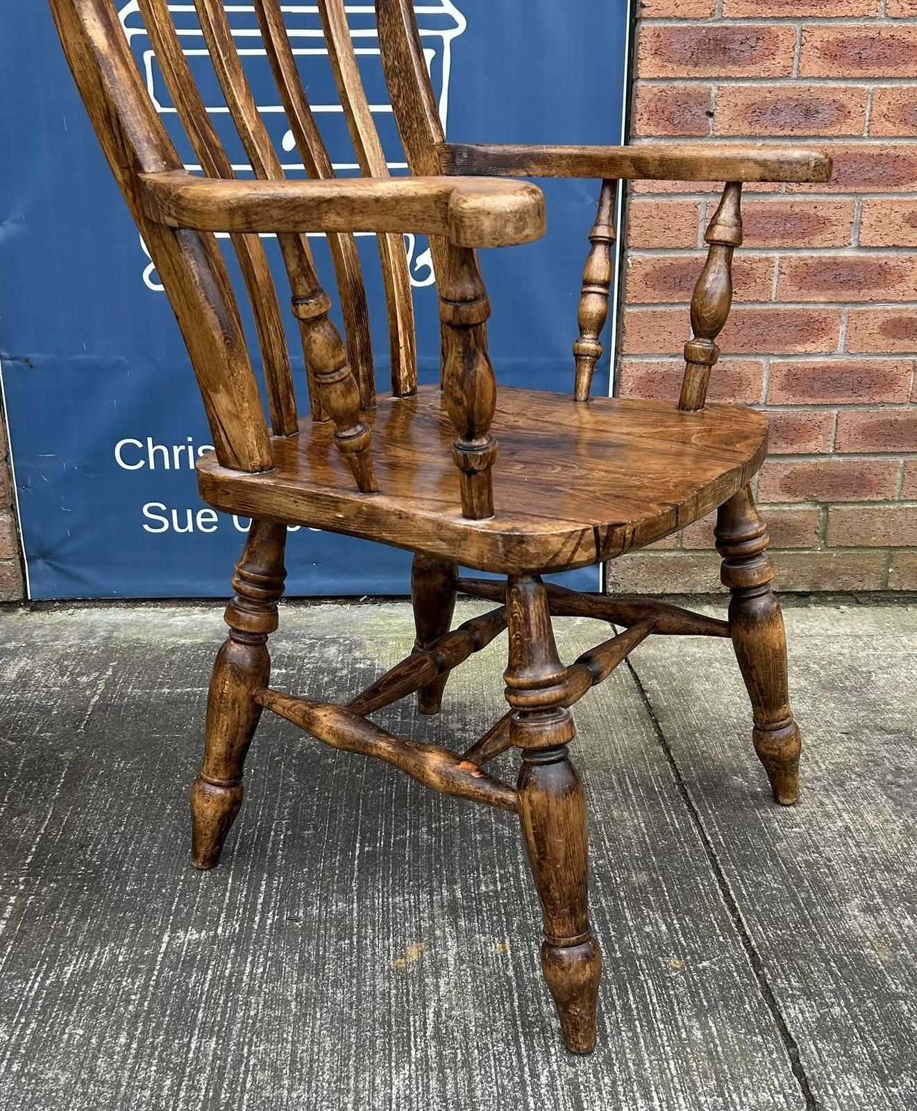 photo for sale Vintage Beech Lath High Back Farmhouse Windsor Chair Rustic Armchair